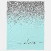 Aqua Blue Aquamarin Silver Glitzer Monogram Fleecedecke (Vorderseite)