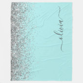 Aqua Blue Aquamarin Silver Glitzer Monogram Fleecedecke (Vorderseite)