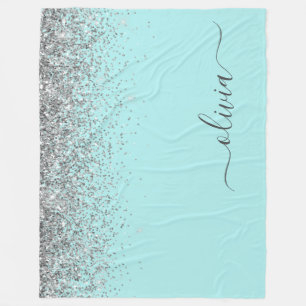 Aqua Blue Aquamarin Silver Glitzer Monogram Fleecedecke