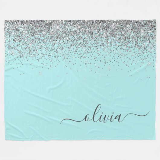 Aqua Blue Aquamarin Silver Glitzer Monogram Fleecedecke (Vorderseite (Horizontal))