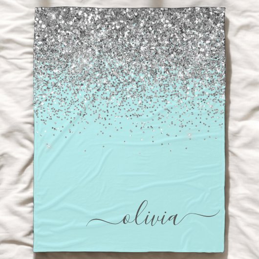 Aqua Blue Aquamarin Silver Glitzer Monogram Fleecedecke