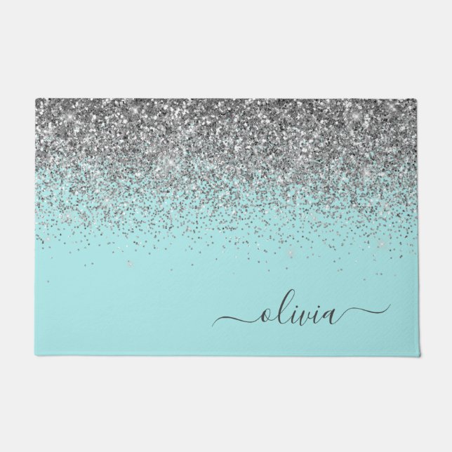 Aqua Blue - Aquamarin Silver Glitzer Monogram Fußmatte (Vorderseite)