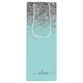 Aqua Blue Aquamarin Silver Glitzer Monogram Geschenktüte Für Weinflaschen (Vorderseite)
