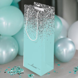 Aqua Blue Aquamarin Silver Glitzer Monogram Geschenktüte Für Weinflaschen