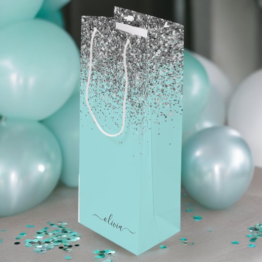 Aqua Blue Aquamarin Silver Glitzer Monogram Geschenktüte Für Weinflaschen