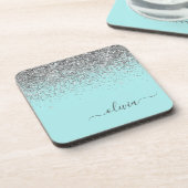 Aqua Blue Aquamarin Silver Glitzer Monogram Getränkeuntersetzer (Linke Seite)