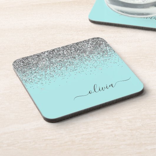 Aqua Blue Aquamarin Silver Glitzer Monogram Getränkeuntersetzer (Linke Seite)