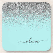 Aqua Blue Aquamarin Silver Glitzer Monogram Getränkeuntersetzer (Vorderseite)