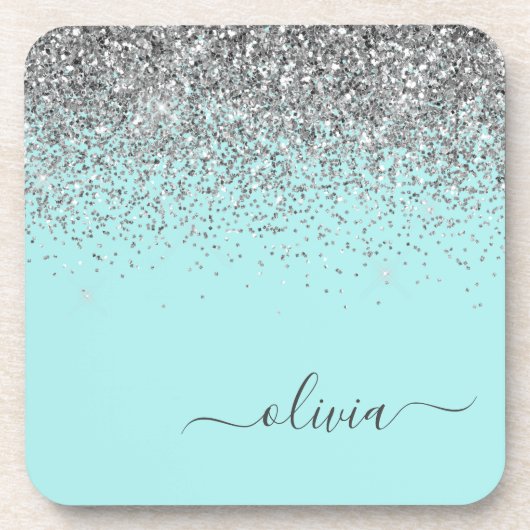 Aqua Blue Aquamarin Silver Glitzer Monogram Getränkeuntersetzer (Vorderseite)