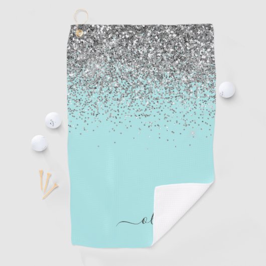 Aqua Blue Aquamarin Silver Glitzer Monogram Golfhandtuch (Insitu)