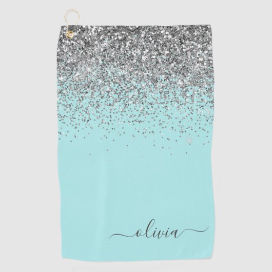 Aqua Blue Aquamarin Silver Glitzer Monogram Golfhandtuch (Vorderseite)
