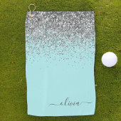 Aqua Blue Aquamarin Silver Glitzer Monogram Golfhandtuch