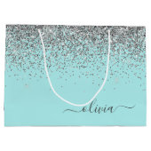 Aqua Blue Aquamarin Silver Glitzer Monogram Große Geschenktüte (Rückseite)