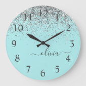 Aqua Blue Aquamarin Silver Glitzer Monogram Große Wanduhr (Vorderseite)