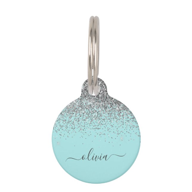 Aqua Blue Aquamarin Silver Glitzer Monogram Haustiermarke (Vorderseite)