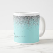 Aqua Blue Aquamarin Silver Glitzer Monogram Jumbo-Tasse (Vorderseite Rechts)
