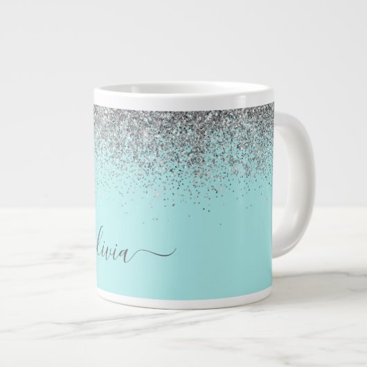 Aqua Blue Aquamarin Silver Glitzer Monogram Jumbo-Tasse (Vorderseite Rechts)