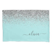 Aqua Blue Aquamarin Silver Glitzer Monogram Kissenbezug (Vorderseite)