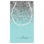Aqua Blue Aquamarin Silver Glitzer Monogram Kleine Geschenktüte (Rückseite)