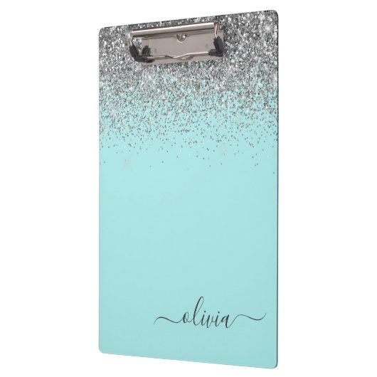 Aqua Blue Aquamarin Silver Glitzer Monogram Klemmbrett (Links)
