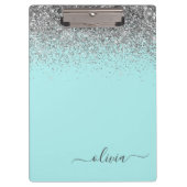 Aqua Blue Aquamarin Silver Glitzer Monogram Klemmbrett (Vorderseite)