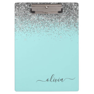 Aqua Blue Aquamarin Silver Glitzer Monogram Klemmbrett