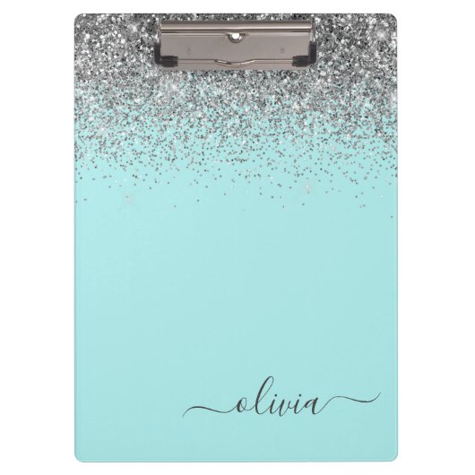 Aqua Blue Aquamarin Silver Glitzer Monogram Klemmbrett (Vorderseite)