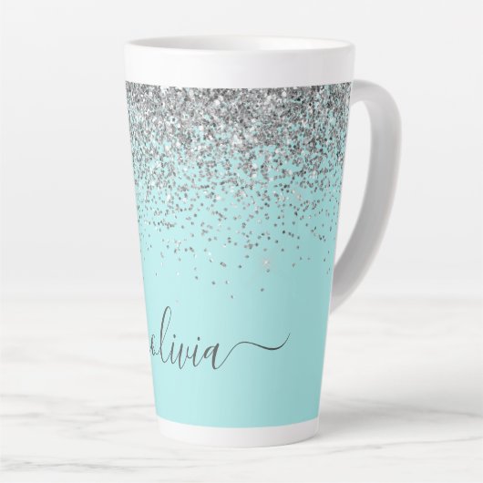 Aqua Blue Aquamarin Silver Glitzer Monogram Milchtasse (Rechte Ecke)