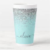 Aqua Blue Aquamarin Silver Glitzer Monogram Milchtasse (Vorderseite)