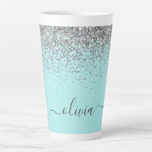 Aqua Blue Aquamarin Silver Glitzer Monogram Milchtasse (Vorderseite)