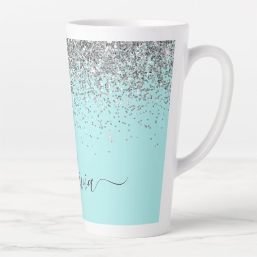 Aqua Blue Aquamarin Silver Glitzer Monogram Milchtasse (Rechts)