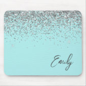Aqua Blue Aquamarin Silver Glitzer Monogram Mousepad (Vorne)