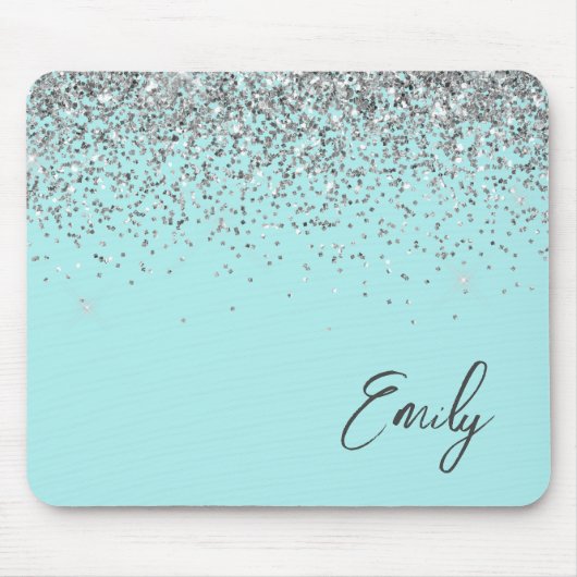 Aqua Blue Aquamarin Silver Glitzer Monogram Mousepad (Vorne)