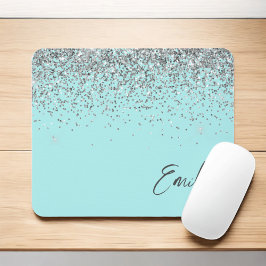 Aqua Blue Aquamarin Silver Glitzer Monogram Mousepad