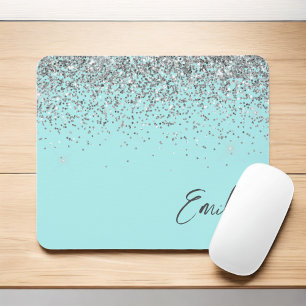 Aqua Blue Aquamarin Silver Glitzer Monogram Mousepad