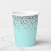 Aqua Blue Aquamarin Silver Glitzer Monogram Paper  Pappbecher (Links)
