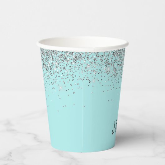 Aqua Blue Aquamarin Silver Glitzer Monogram Paper Pappbecher (Rechts)