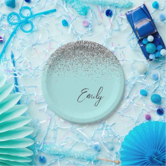 Aqua Blue Aquamarin Silver Glitzer Monogram Pappteller (Party)