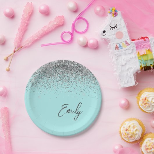 Aqua Blue Aquamarin Silver Glitzer Monogram Pappteller (Party)