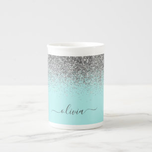 Aqua Blue Aquamarin Silver Glitzer Monogram Porzellantasse