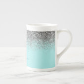 Aqua Blue Aquamarin Silver Glitzer Monogram Porzellantasse (Rechts)