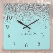 Aqua Blue Aquamarin Silver Glitzer Monogram