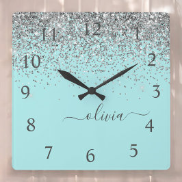 Aqua Blue Aquamarin Silver Glitzer Monogram Quadratische Wanduhr