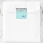 Aqua Blue Aquamarin Silver Glitzer Monogram Quadratischer Aufkleber (Tasche)