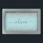Aqua Blue Aquamarin Silver Glitzer Monogram Rechteckige Gürtelschnalle<br><div class="desc">Aqua Blue - Aquamarine und Silver Sparkle Glitzer Script Monogram Name Gelt Buckle. Das macht den perfekten Abschluss,  süß 16 16.,  18.,  21.,  30.,  40.,  50.,  60.,  70.,  80.,  90.,  100. Geburtstag,  Hochzeit,  Brautparty,  Jubiläum,  Babydusche oder Junggeselinnen-Abschied Geschenk für jemanden,  der Luxus und Chic Stil Lieben glänze.</div>