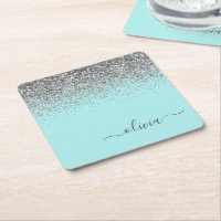 Aqua Blue Aquamarin Silver Glitzer Monogram