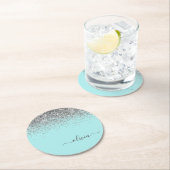 Aqua Blue Aquamarin Silver Glitzer Monogram Runder Pappuntersetzer (Vor Ort)