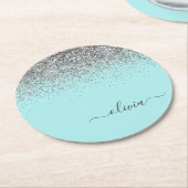 Aqua Blue Aquamarin Silver Glitzer Monogram Runder Pappuntersetzer (Angewinkelt)