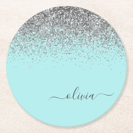 Aqua Blue Aquamarin Silver Glitzer Monogram Runder Pappuntersetzer (Vorderseite)