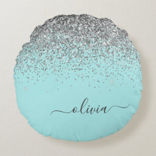 Aqua Blue Aquamarin Silver Glitzer Monogram Rundes Kissen